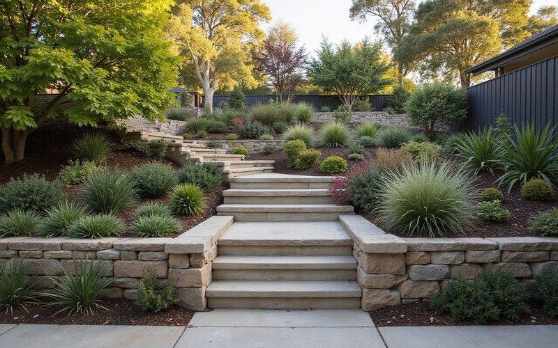 Before and after comparison showing a challenging steep Melbourne block transformed into a stunning multi-level garden with native plantings and stone terracing