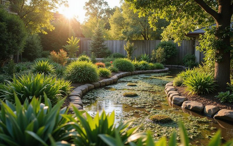 Completed drainage project showing garden bed with healthy plantings where waterlogging was previously killing plants and creating muddy conditions
