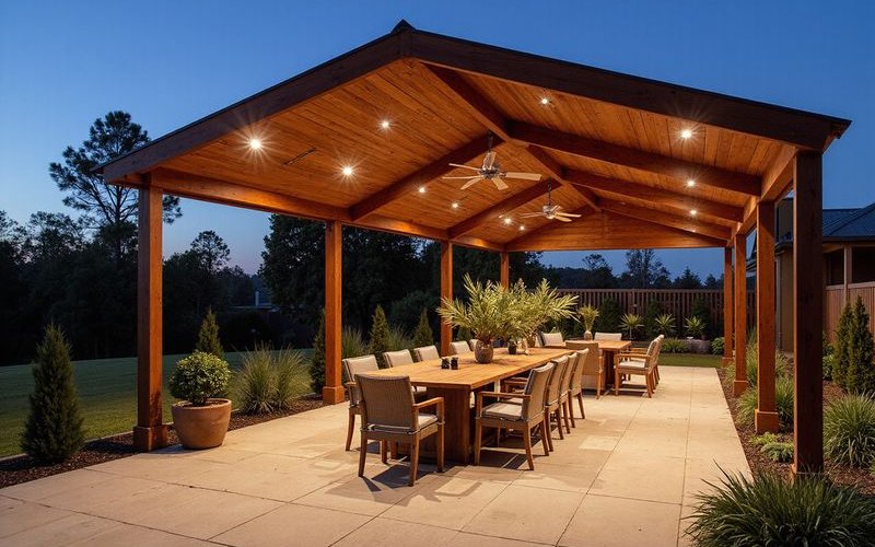Contemporary pergola design with adjustable louvres providing flexible shade control over outdoor dining area with integrated ceiling fans and lighting