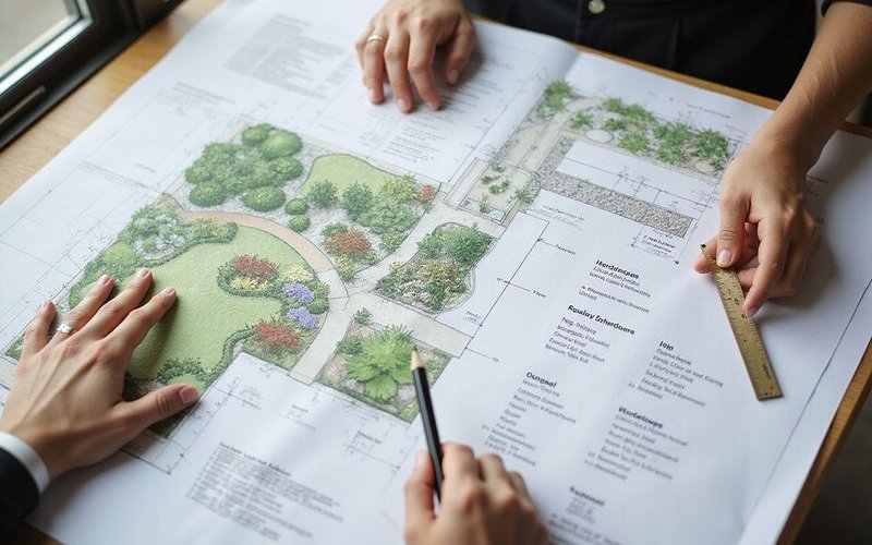 Detailed landscape design drawing showing plant schedules hardscape specifications and construction notes for comprehensive documentation
