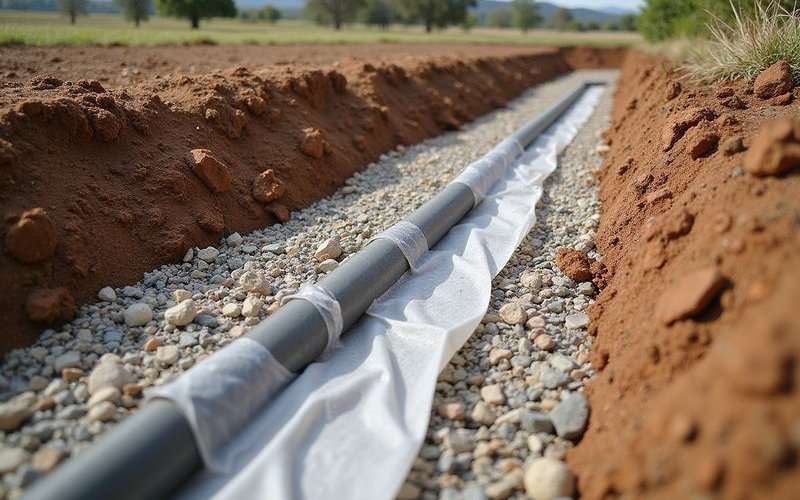 Cross-section diagram showing proper drainage installation with ag pipe gravel backfill and geotextile fabric directing water away from garden beds and foundations