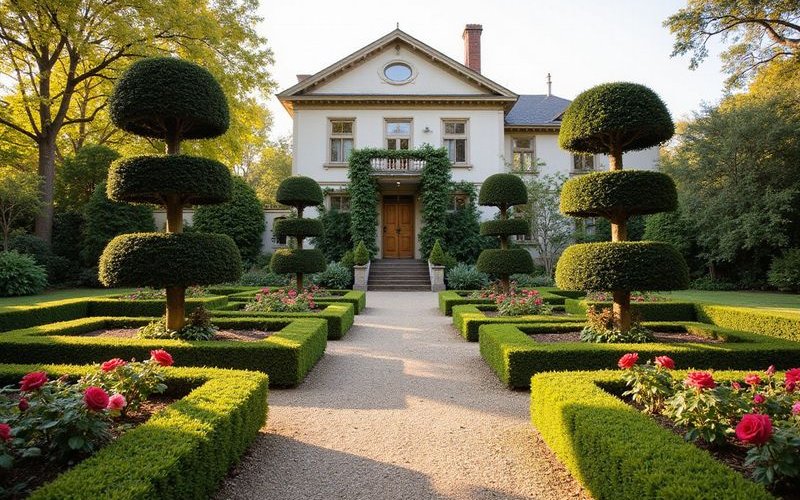 Formal garden planting with sculpted hedging topiary balls and standard roses creating elegant structure in a heritage Melbourne property
