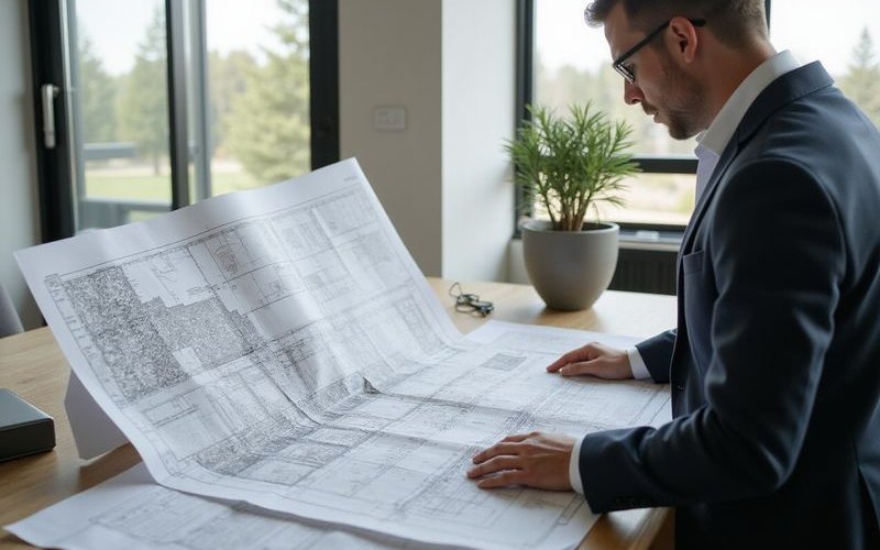 Landscape architect reviewing large-scale site plans for a Melbourne development project showing technical drawings and engineering details