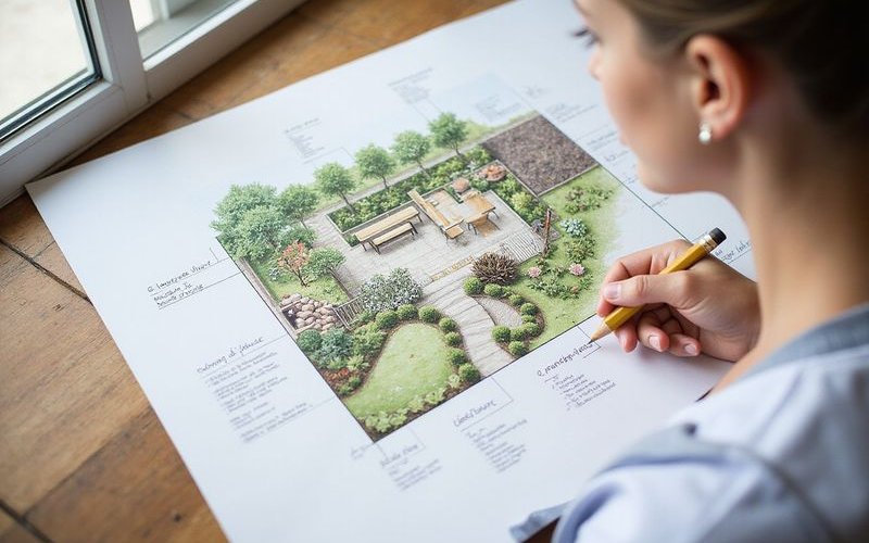 Landscape design concept sketch showing garden layout with annotations for planting areas outdoor living zones and circulation paths