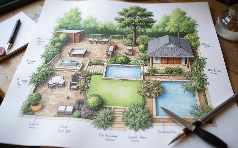 Landscape design concept sketch showing the transformation of a Melbourne backyard into an integrated outdoor living space with multiple zones for entertaining dining and relaxation