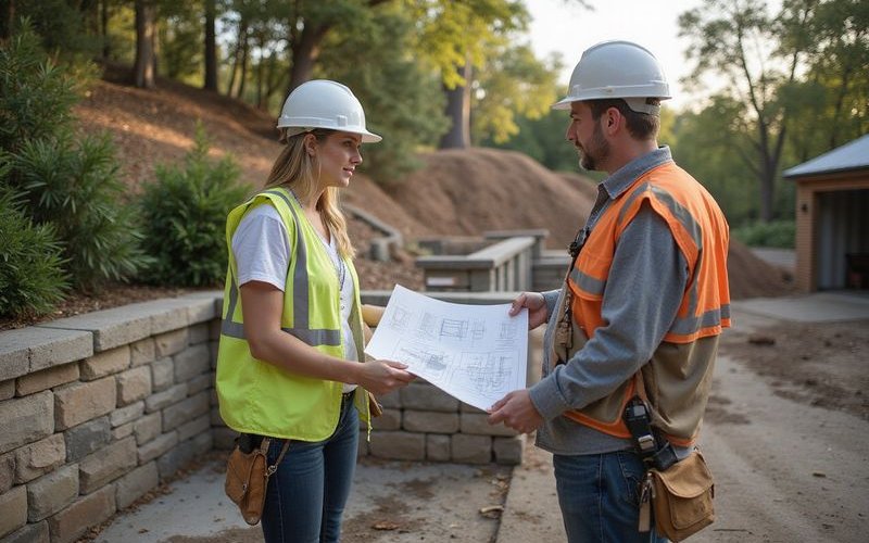 Landscape designer on construction site consulting with contractors ensuring design intent is maintained during build