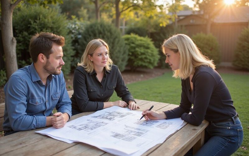 Melbourne landscape designer reviewing site plans and discussing options with homeowners in their garden during initial consultation