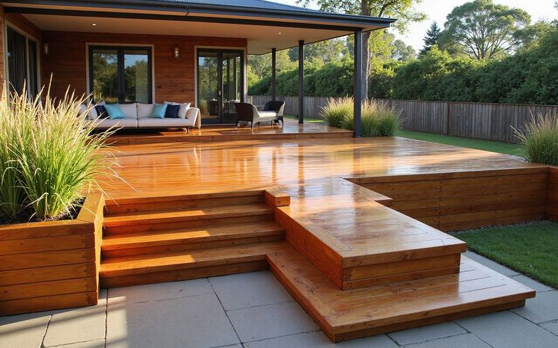 Multi-level deck design showing seamless transition from indoor living to outdoor entertaining area with built-in seating and integrated planter boxes