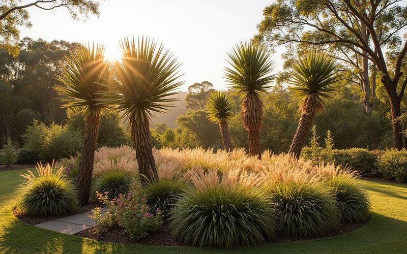 Native Australian garden design featuring grass trees xanthorrhoea as sculptural focal points surrounded by textural grasses and flowering groundcovers