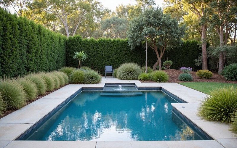 Native garden pool landscaping Melbourne featuring westringia hedging lomandra borders and grevillea backdrop creating Australian resort atmosphere