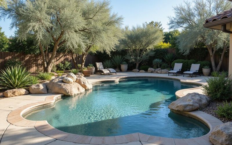 Close-up of poolside planting design showing drought-tolerant species with architectural forms and silver-green foliage that complements the blue pool water