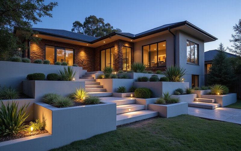 Rendered masonry retaining wall in contemporary Melbourne garden with clean lines integrated lighting and modern plantings creating architectural focal point