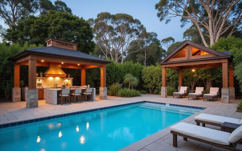 Resort style pool landscaping Melbourne with cabana outdoor kitchen tropical plantings and quality stone coping creating luxury retreat
