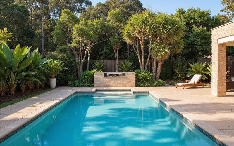 Resort-style pool landscaping in Melbourne's eastern suburbs featuring sandstone coping lush tropical plantings and integrated outdoor kitchen area