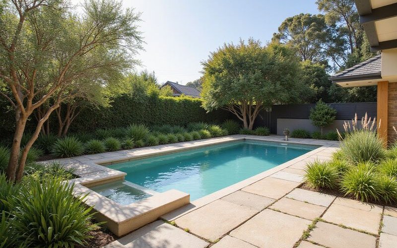Sustainable pool landscaping with native water-wise plantings permeable paving and solar heating creating eco-friendly outdoor space