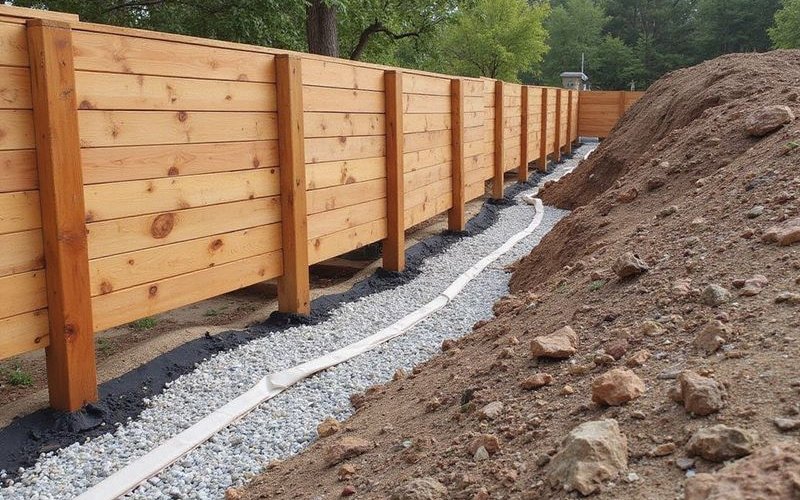 Timber sleeper retaining wall with integrated drainage system showing ag line installation and gravel backfill ensuring long-term structural integrity