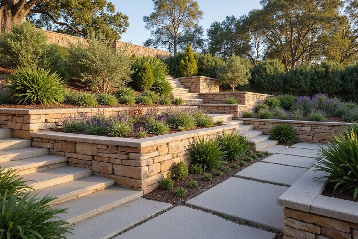 Natural stone retaining wall with integrated garden beds in Melbourne